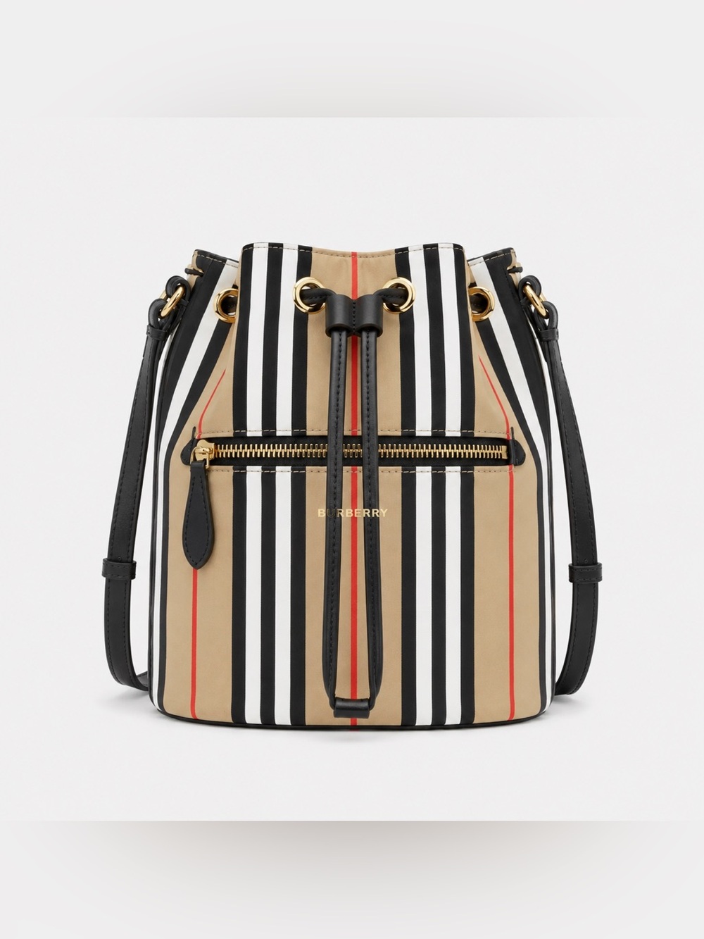 Burberry Black and Beige Stripe nylon Drawstring Crossbody Bag New